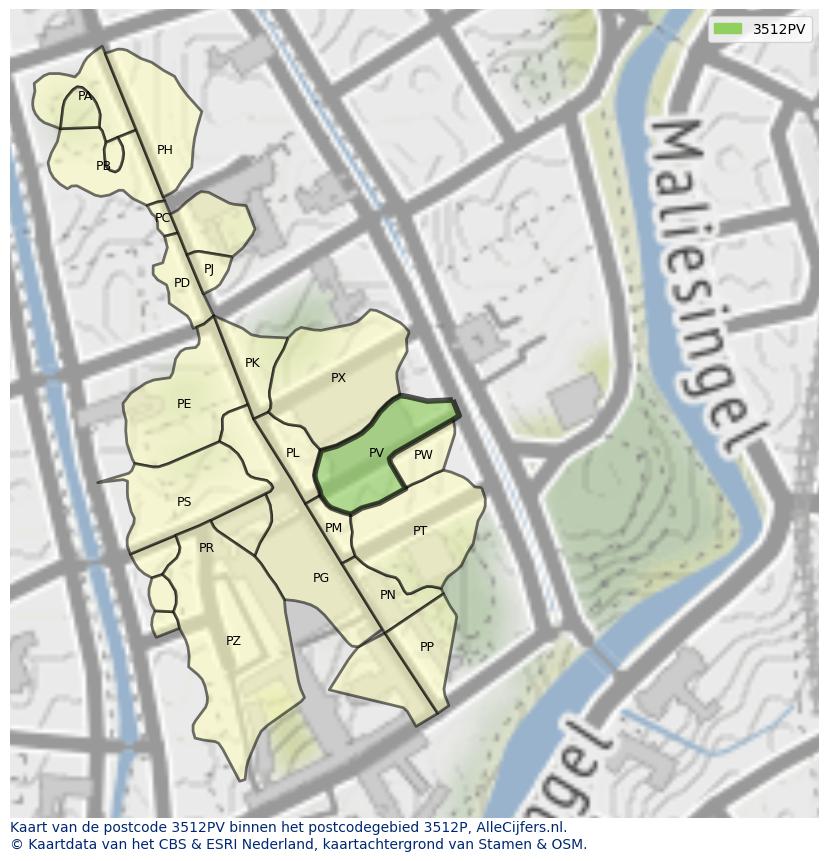Afbeelding van het postcodegebied 3512 PV op de kaart.