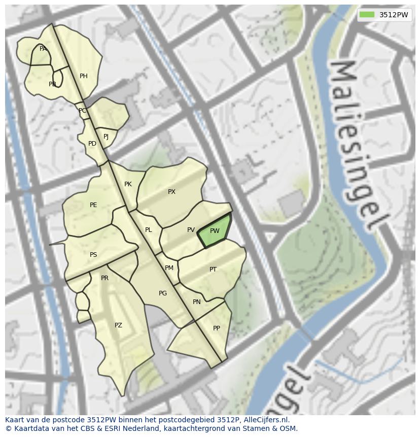Afbeelding van het postcodegebied 3512 PW op de kaart.