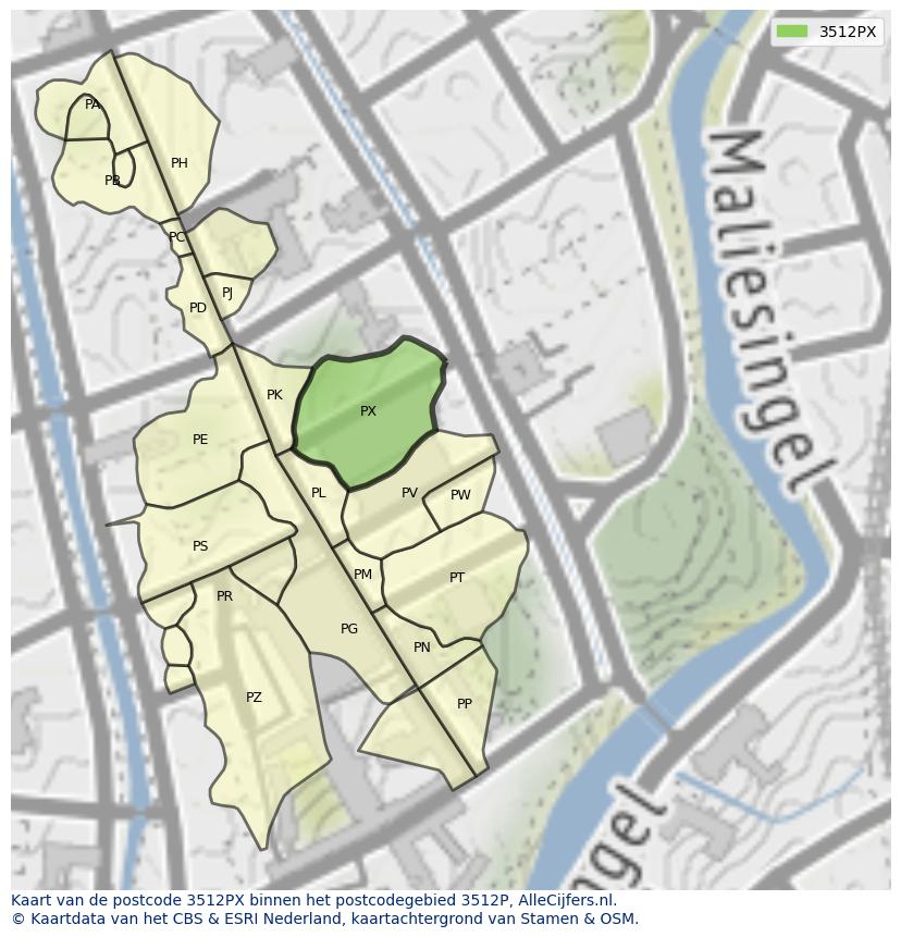 Afbeelding van het postcodegebied 3512 PX op de kaart.