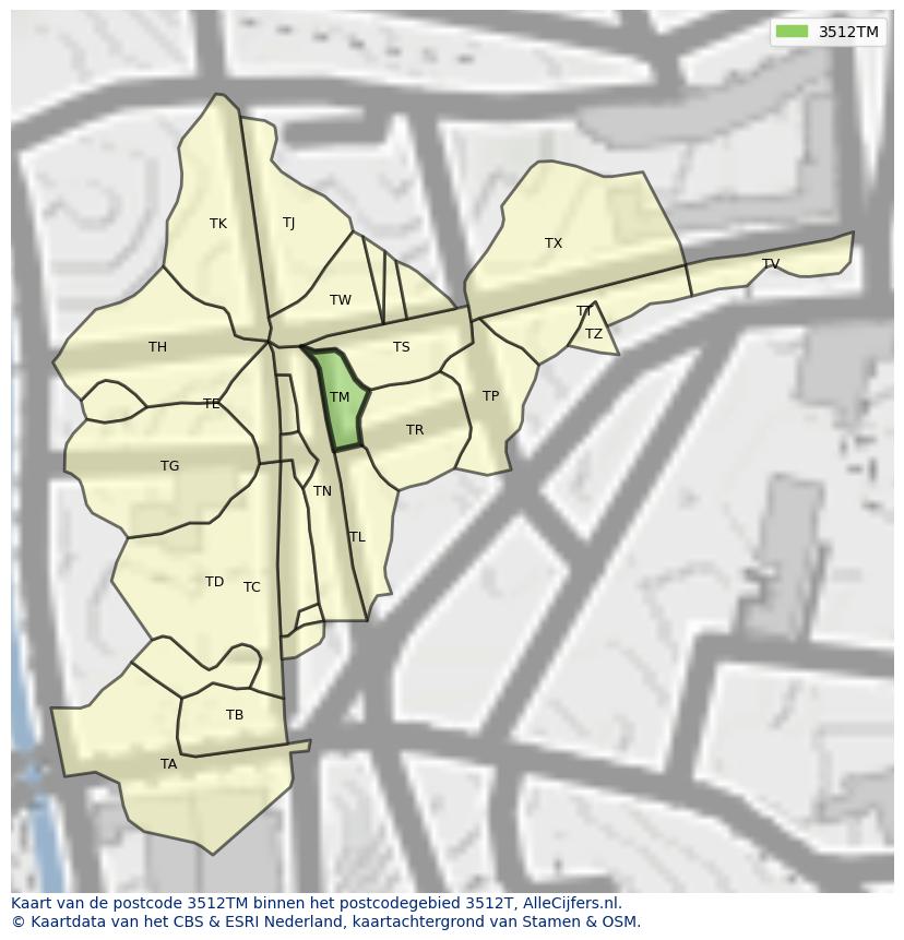 Afbeelding van het postcodegebied 3512 TM op de kaart.