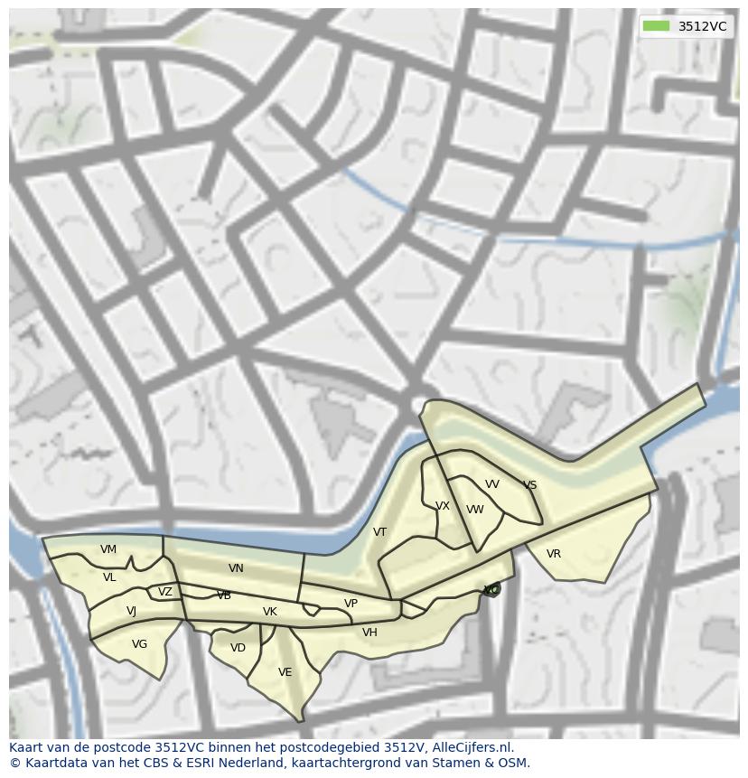 Afbeelding van het postcodegebied 3512 VC op de kaart.