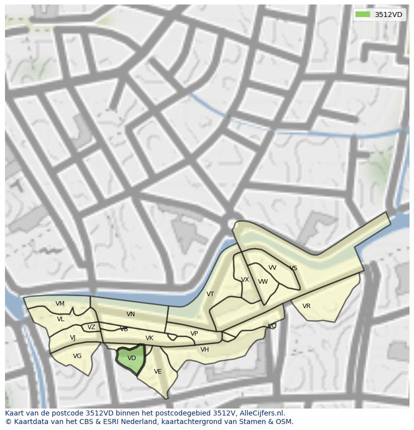 Afbeelding van het postcodegebied 3512 VD op de kaart.