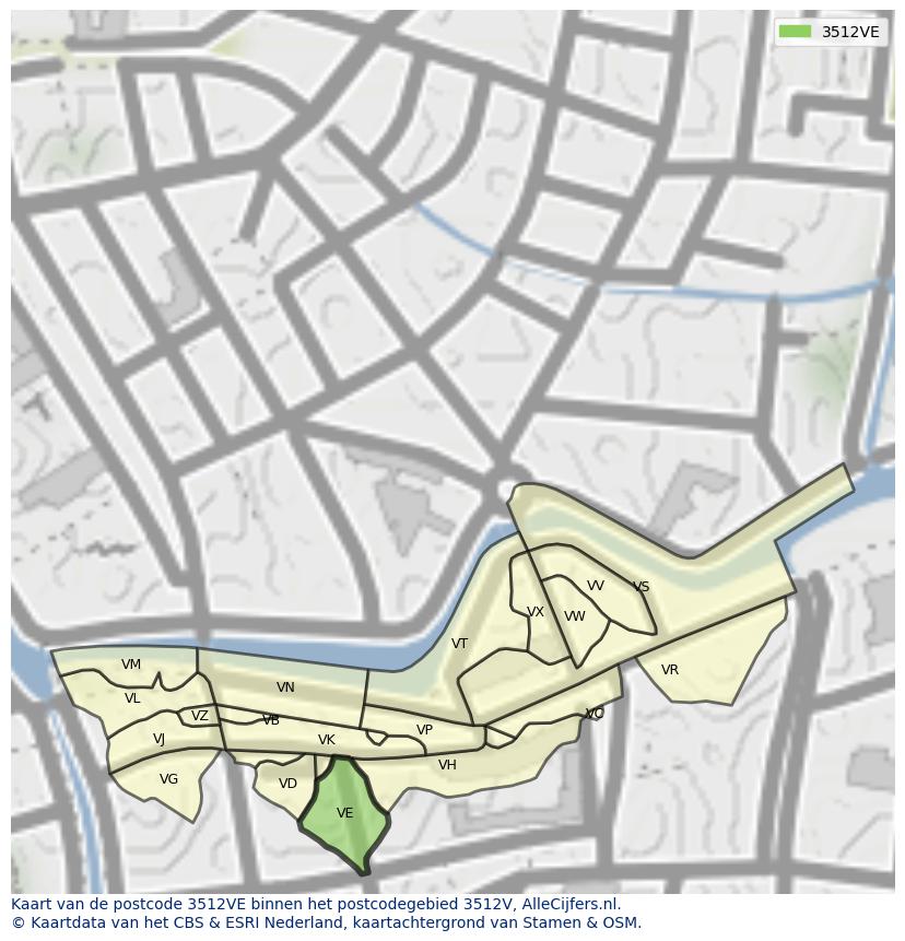 Afbeelding van het postcodegebied 3512 VE op de kaart.