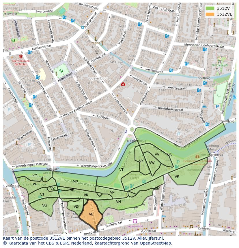 Afbeelding van het postcodegebied 3512 VE op de kaart.