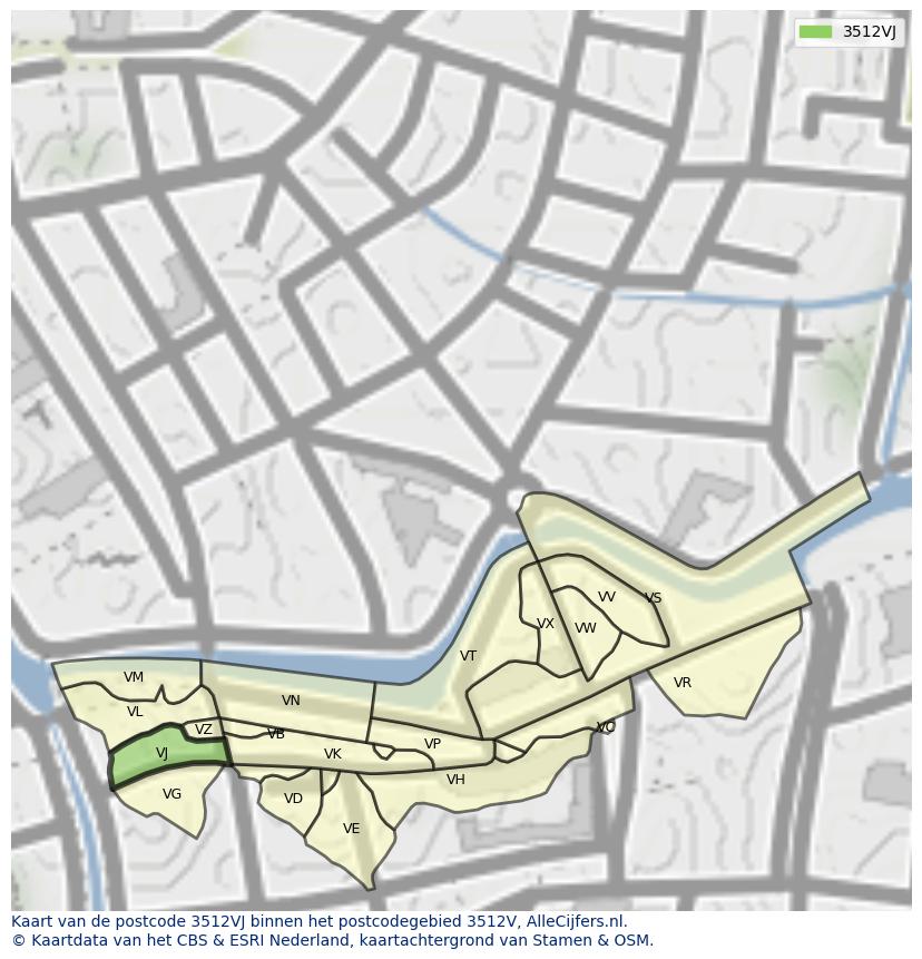 Afbeelding van het postcodegebied 3512 VJ op de kaart.