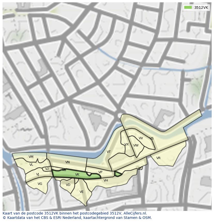 Afbeelding van het postcodegebied 3512 VK op de kaart.