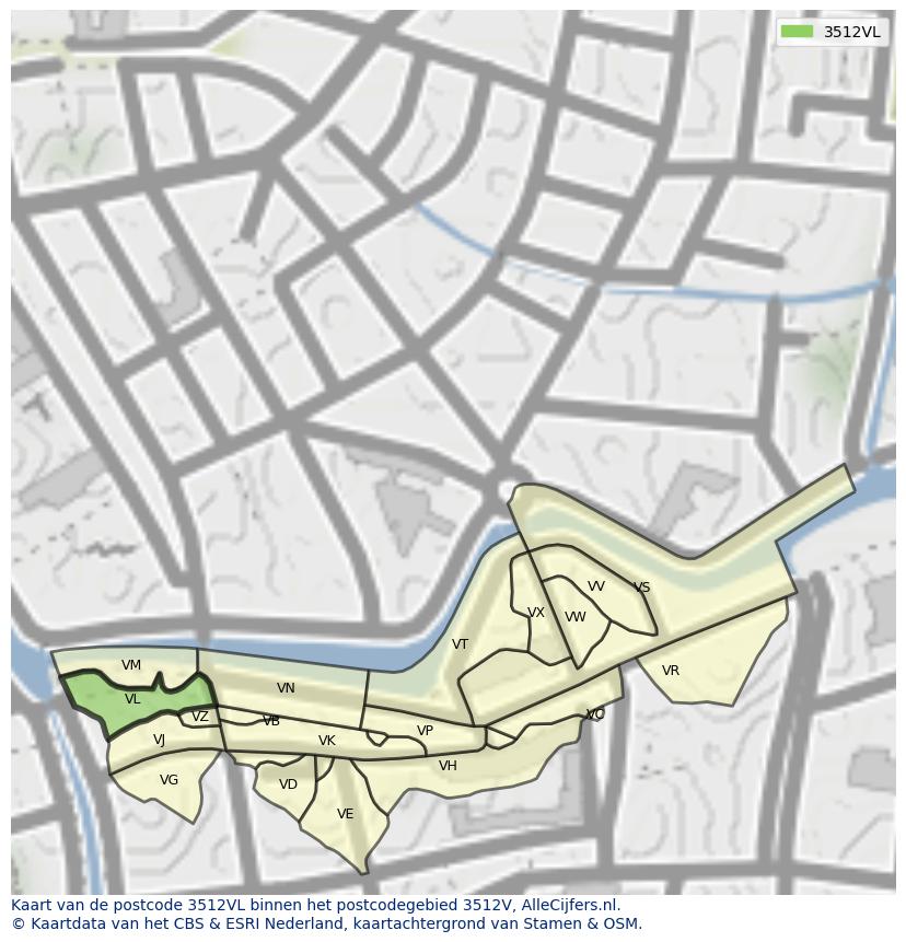 Afbeelding van het postcodegebied 3512 VL op de kaart.