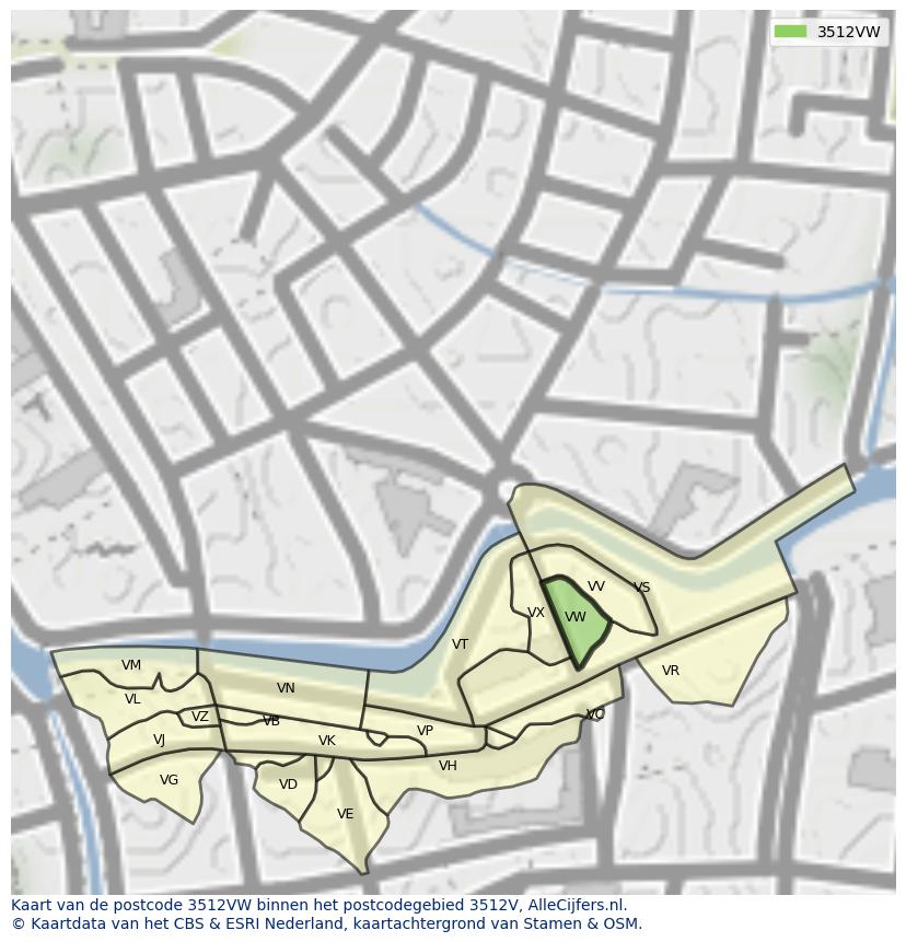 Afbeelding van het postcodegebied 3512 VW op de kaart.