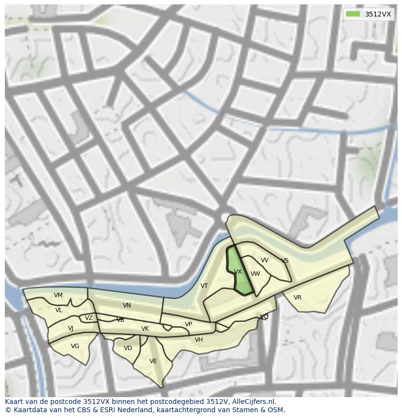 Afbeelding van het postcodegebied 3512 VX op de kaart.