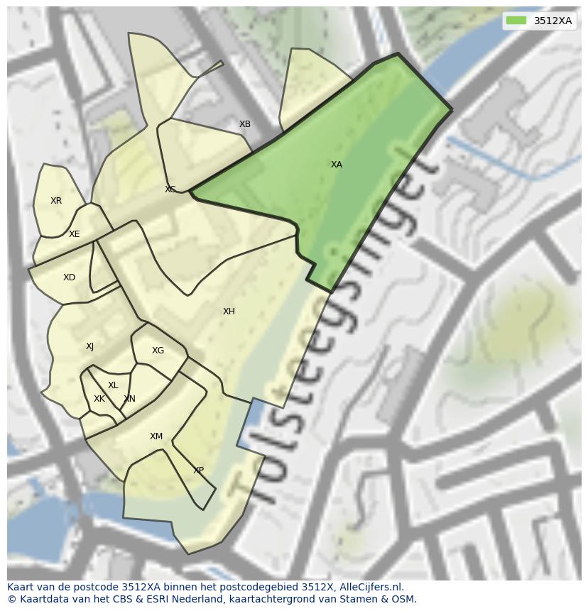 Afbeelding van het postcodegebied 3512 XA op de kaart.