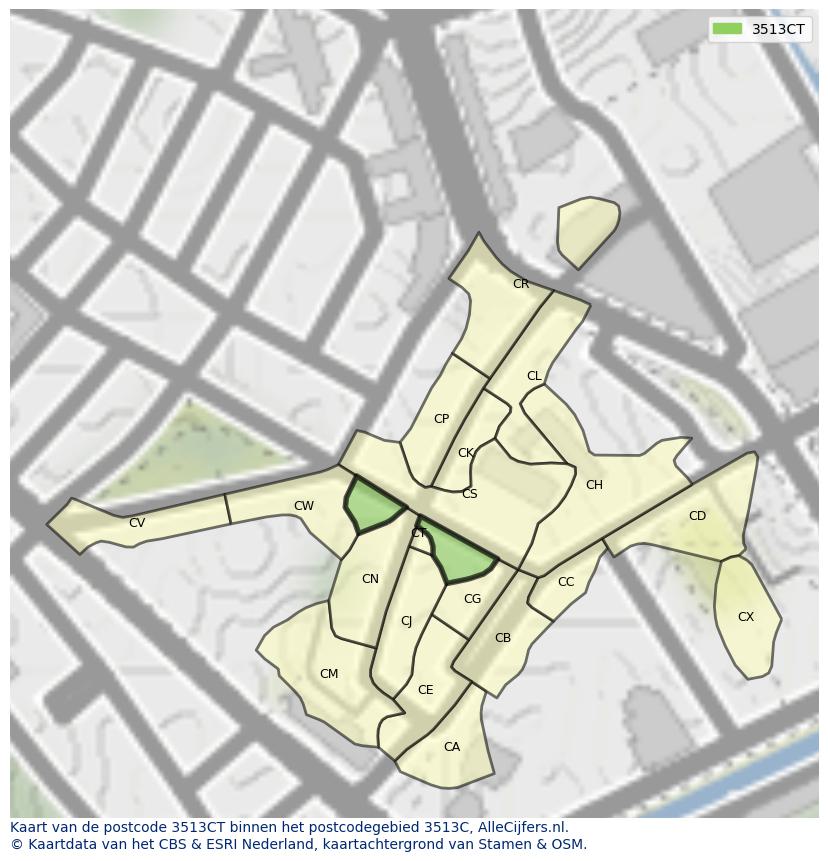 Afbeelding van het postcodegebied 3513 CT op de kaart.