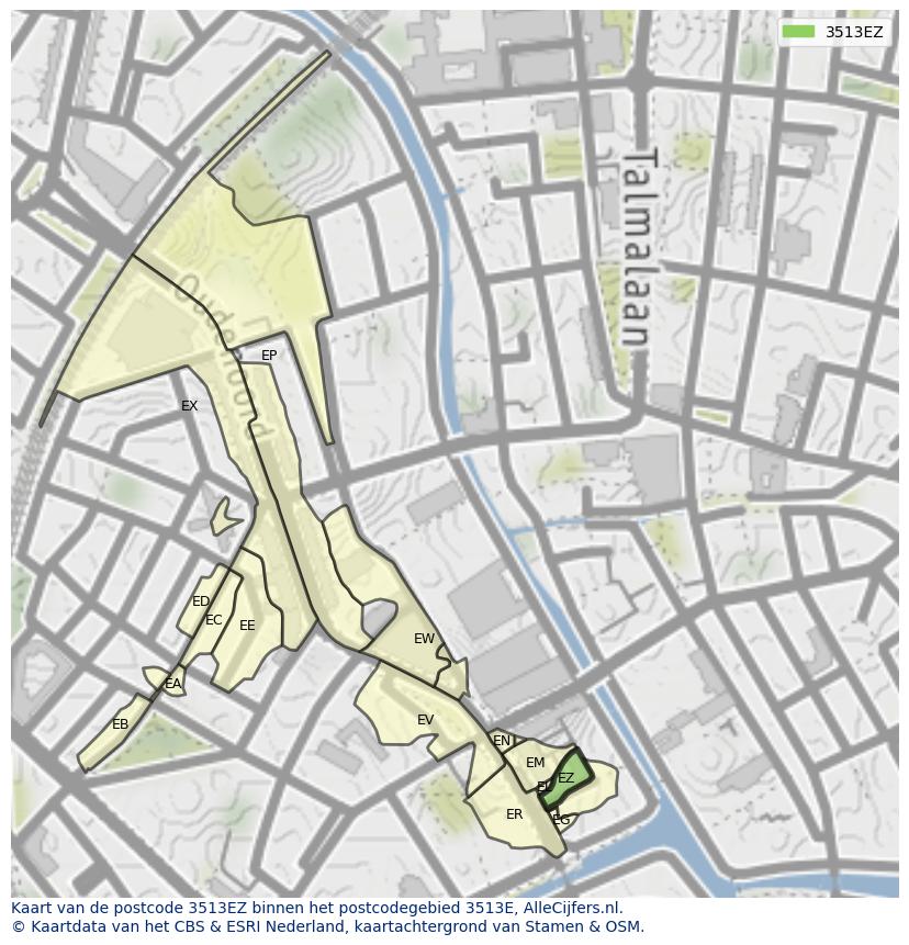 Afbeelding van het postcodegebied 3513 EZ op de kaart.