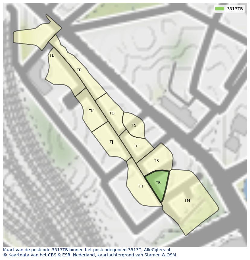 Afbeelding van het postcodegebied 3513 TB op de kaart.