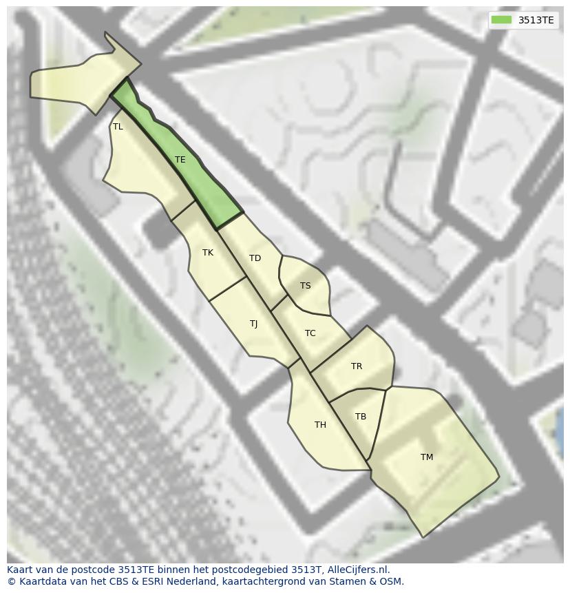 Afbeelding van het postcodegebied 3513 TE op de kaart.