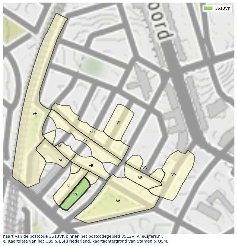 Afbeelding van het postcodegebied 3513 VK op de kaart.