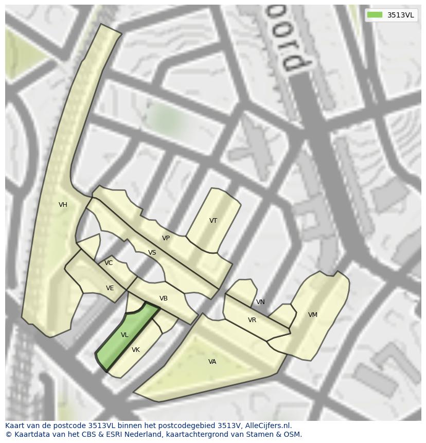 Afbeelding van het postcodegebied 3513 VL op de kaart.