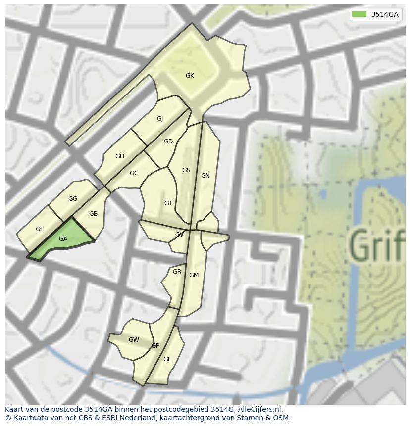 Afbeelding van het postcodegebied 3514 GA op de kaart.