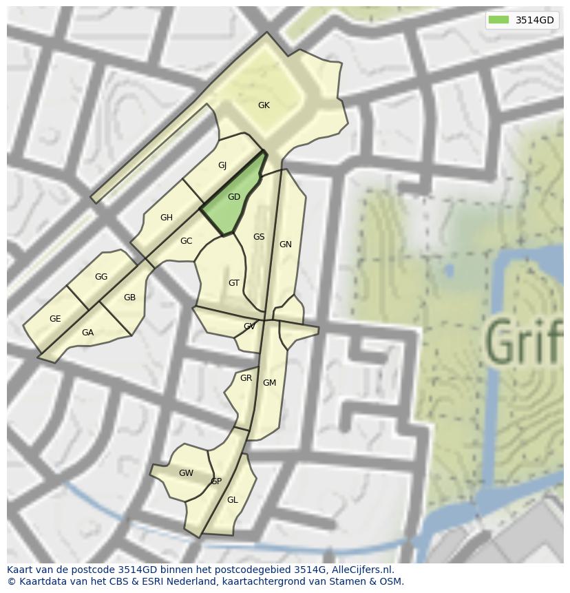 Afbeelding van het postcodegebied 3514 GD op de kaart.