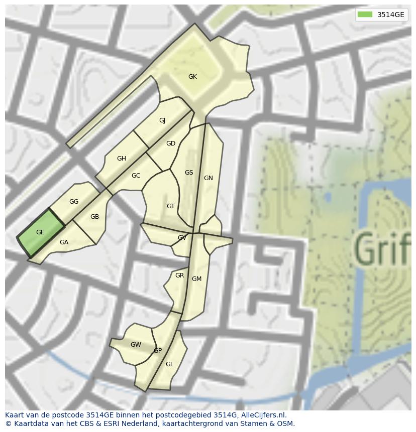 Afbeelding van het postcodegebied 3514 GE op de kaart.