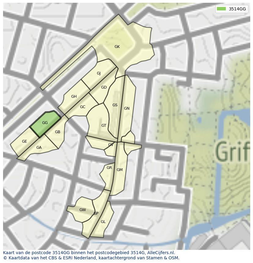 Afbeelding van het postcodegebied 3514 GG op de kaart.