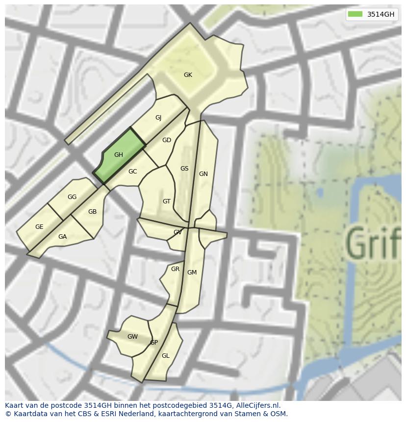 Afbeelding van het postcodegebied 3514 GH op de kaart.