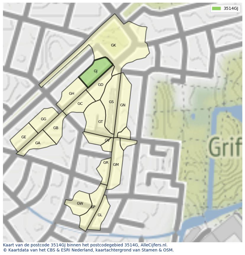 Afbeelding van het postcodegebied 3514 GJ op de kaart.