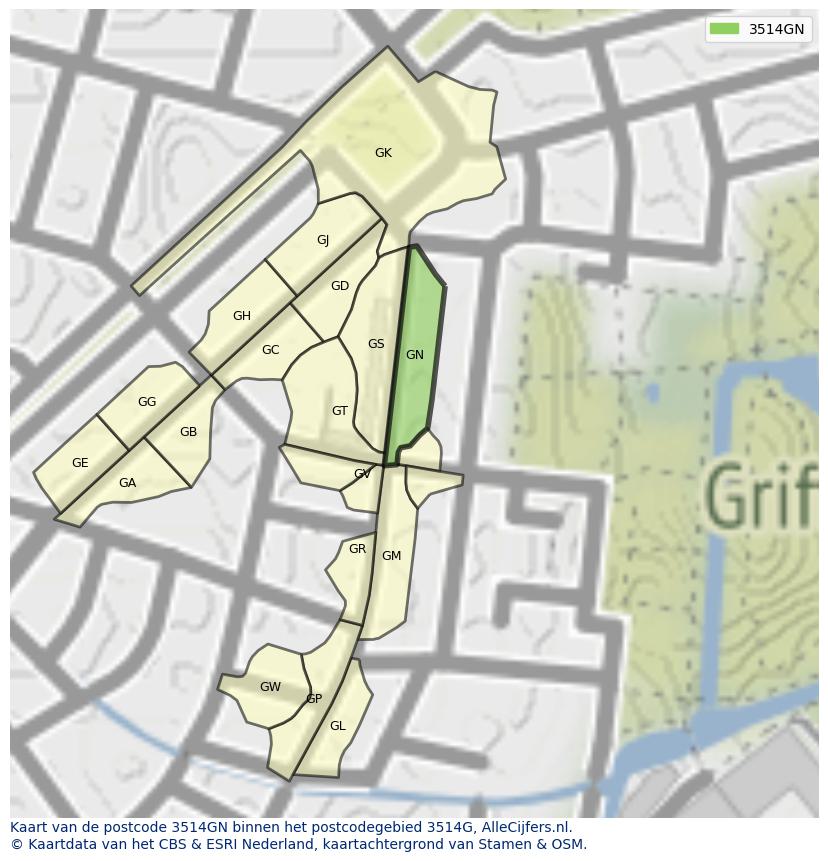 Afbeelding van het postcodegebied 3514 GN op de kaart.