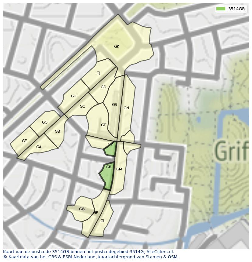 Afbeelding van het postcodegebied 3514 GR op de kaart.