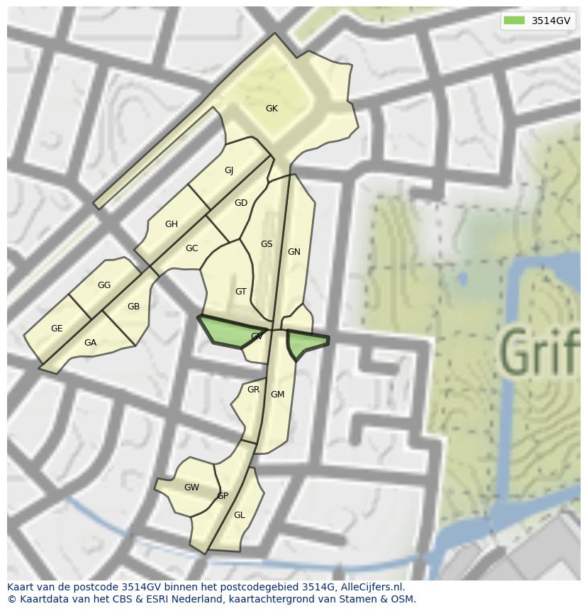 Afbeelding van het postcodegebied 3514 GV op de kaart.