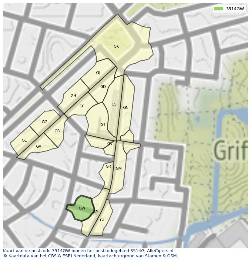 Afbeelding van het postcodegebied 3514 GW op de kaart.