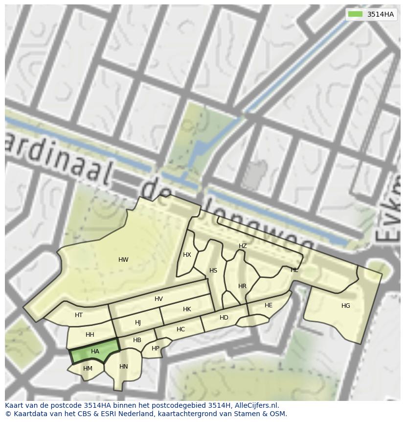 Afbeelding van het postcodegebied 3514 HA op de kaart.