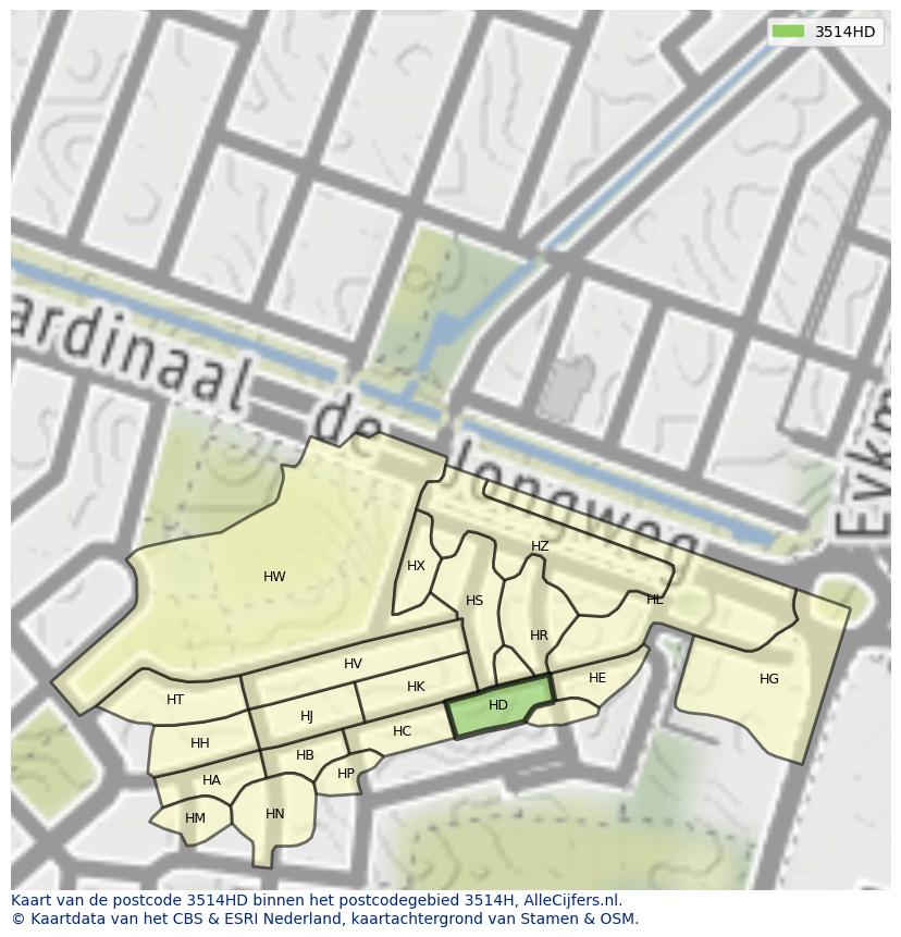 Afbeelding van het postcodegebied 3514 HD op de kaart.