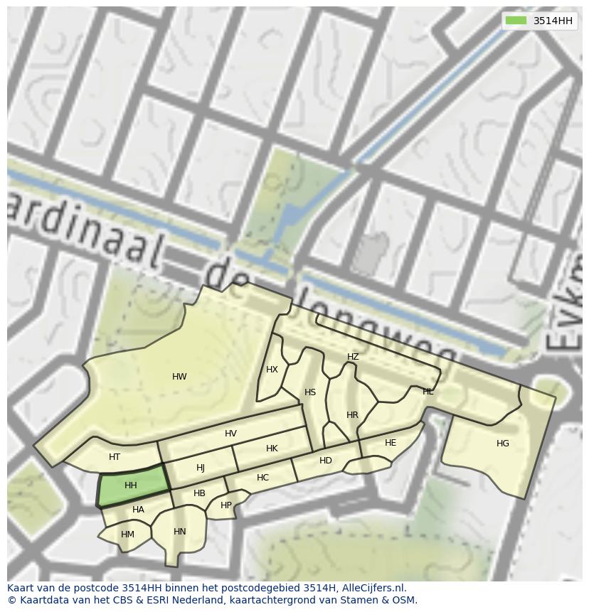 Afbeelding van het postcodegebied 3514 HH op de kaart.