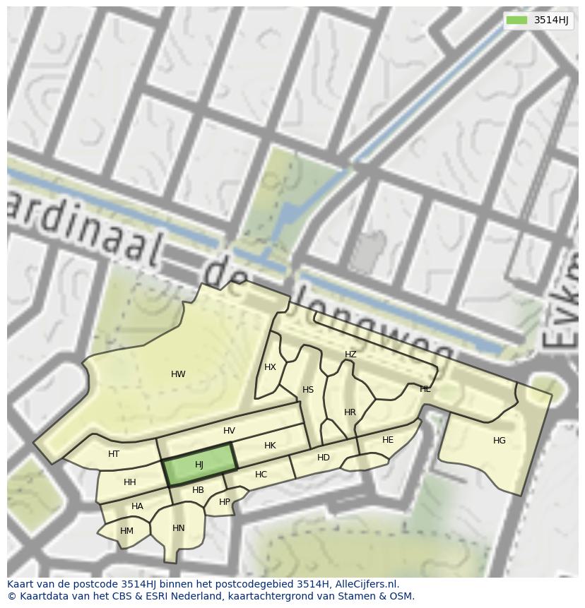 Afbeelding van het postcodegebied 3514 HJ op de kaart.