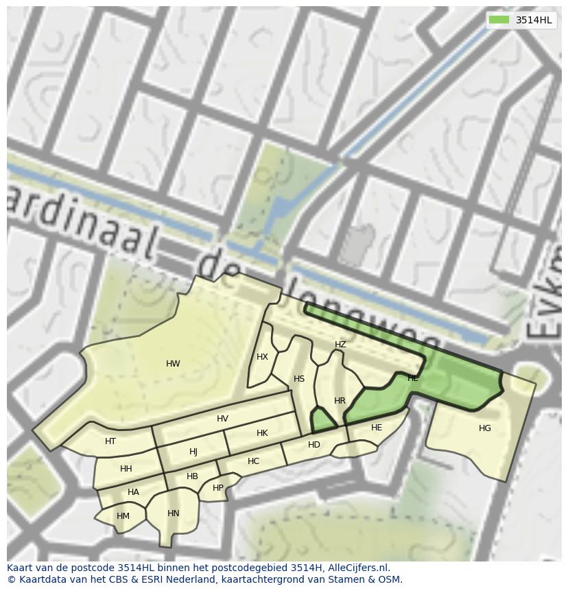 Afbeelding van het postcodegebied 3514 HL op de kaart.
