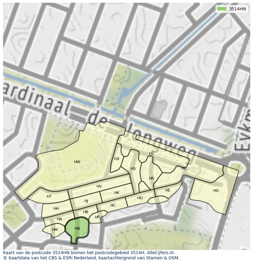 Afbeelding van het postcodegebied 3514 HN op de kaart.