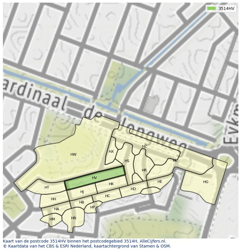 Afbeelding van het postcodegebied 3514 HV op de kaart.