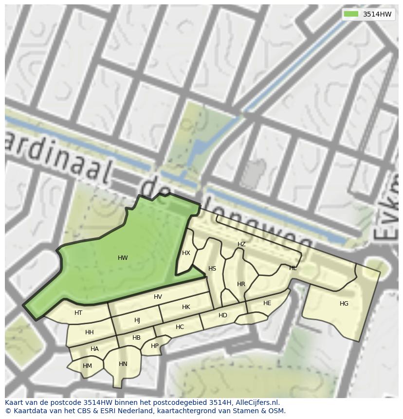 Afbeelding van het postcodegebied 3514 HW op de kaart.