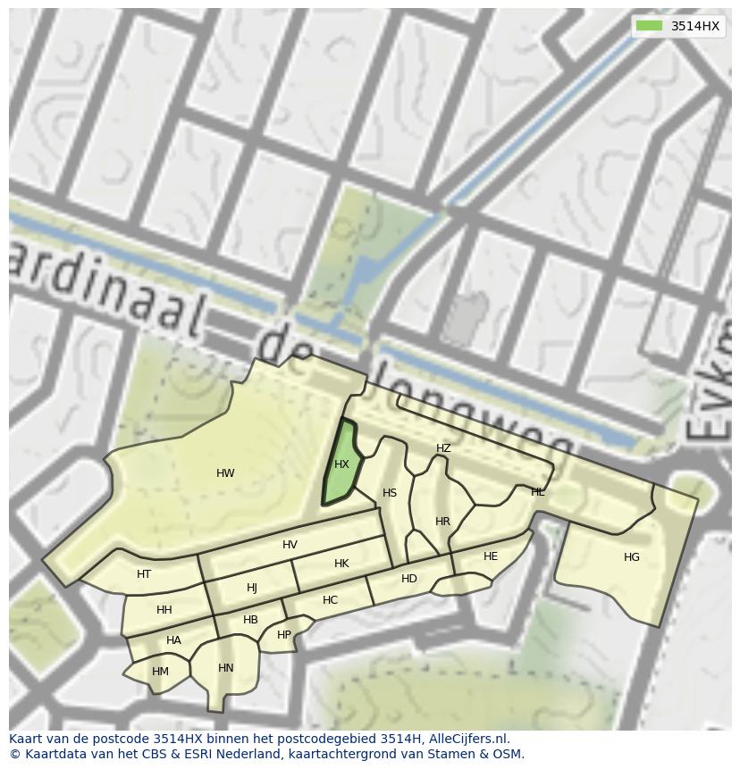 Afbeelding van het postcodegebied 3514 HX op de kaart.