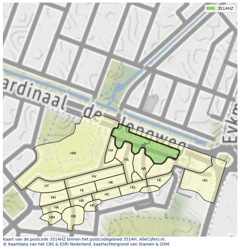 Afbeelding van het postcodegebied 3514 HZ op de kaart.