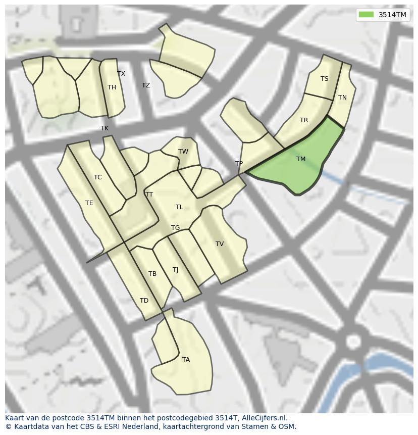 Afbeelding van het postcodegebied 3514 TM op de kaart.