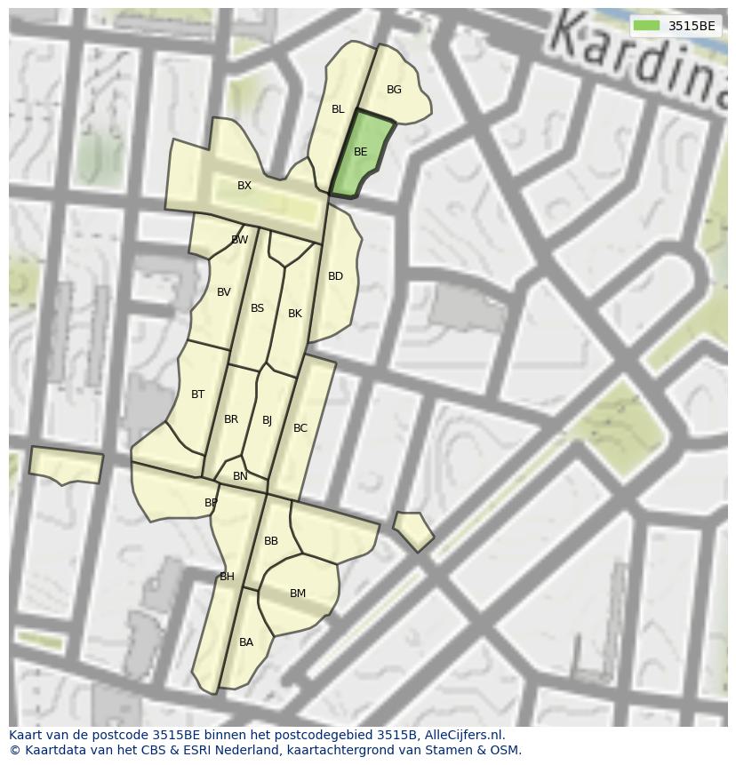 Afbeelding van het postcodegebied 3515 BE op de kaart.