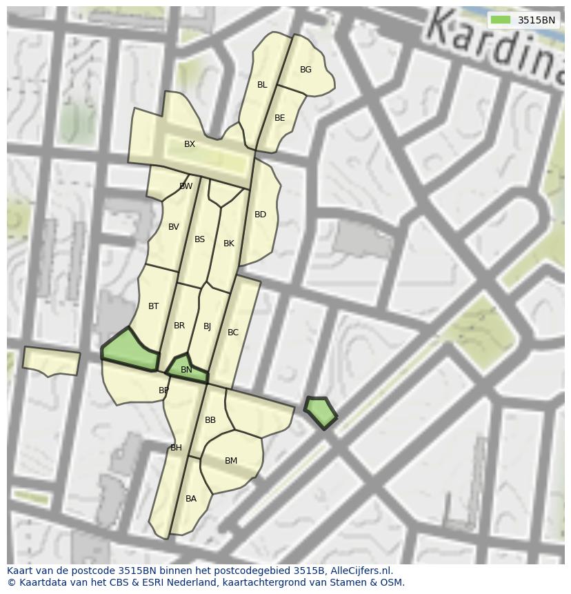 Afbeelding van het postcodegebied 3515 BN op de kaart.