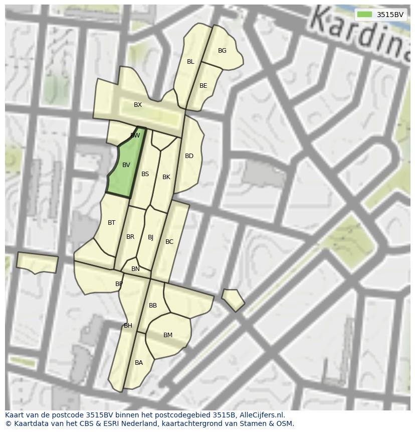 Afbeelding van het postcodegebied 3515 BV op de kaart.