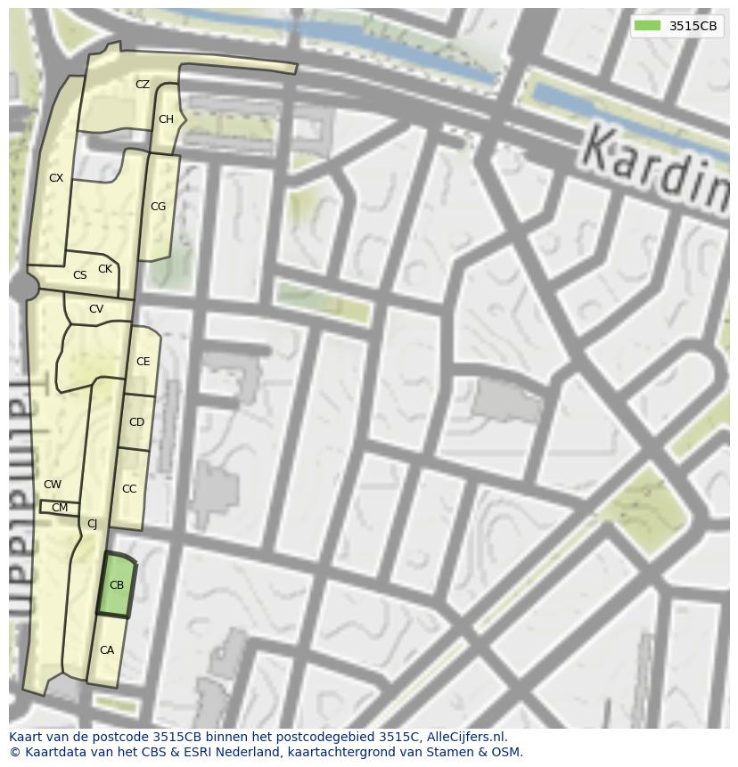 Afbeelding van het postcodegebied 3515 CB op de kaart.