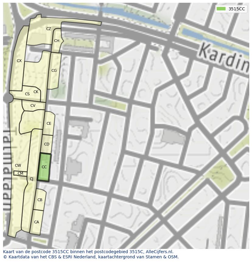 Afbeelding van het postcodegebied 3515 CC op de kaart.