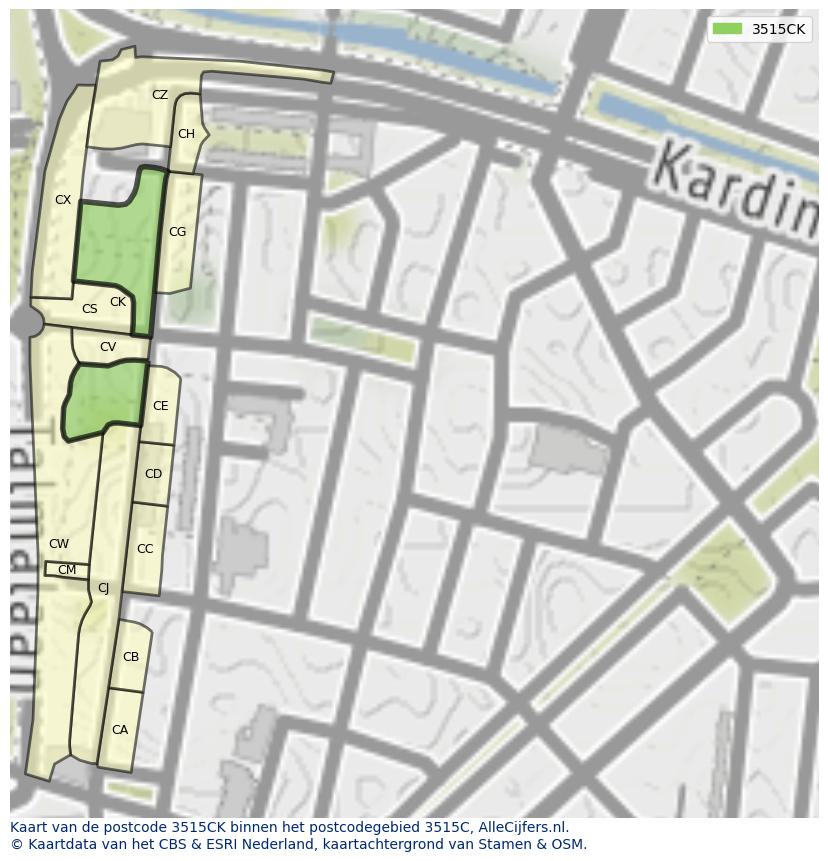 Afbeelding van het postcodegebied 3515 CK op de kaart.