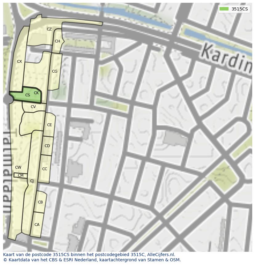 Afbeelding van het postcodegebied 3515 CS op de kaart.