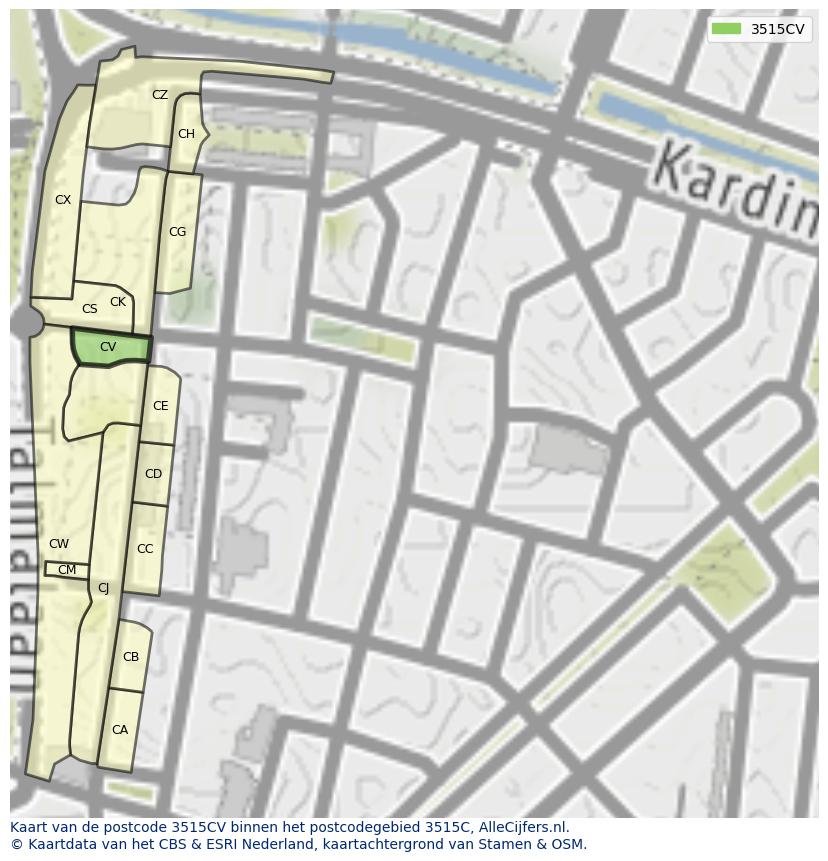 Afbeelding van het postcodegebied 3515 CV op de kaart.