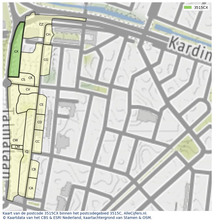 Afbeelding van het postcodegebied 3515 CX op de kaart.